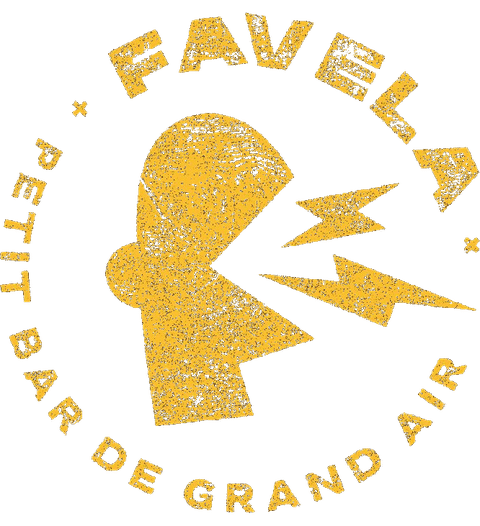 Logo jaune Favela Petit Bar de Grand Air : tête criant avec éclairs, style usé.