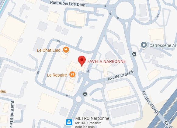 Carte de Narbonne localisant Favela Narbonne, Le Chat Laid et METRO entre Rue Albert de Dion et Av. de Croix S.